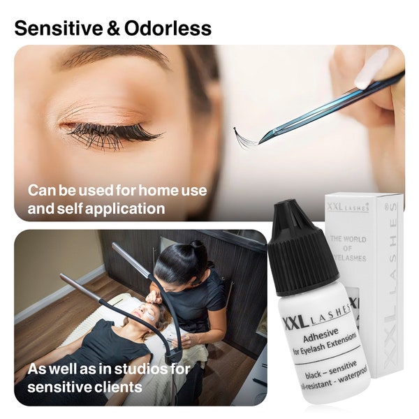 Eyelash glue sensitive for eyelash extensions, XXL Lashes Adhesive - oil-resistant, waterproof, anti-allergic, black or transparent