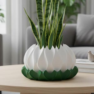Op de afbeelding: Een sansevieria met lange, puntige, groen en geel gevlekte bladeren in een witte, bloemblad-vormige plantenbak met een donkergroene basis. De plant staat centraal en toont het rechtopstaande, zwaardvormige blad en het gelaagde ontwerp van de pot.