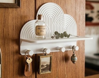 Accroche Clés Mural Design Arche, Étagère Flottante avec Crochets pour Entrée, Organisateur Minimaliste Blanc en PLA, Cadeau Crémaillère