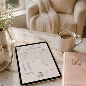 May include: A digital tablet displaying a daily planner page titled Day 12: Clearing Digital Clutter, featuring sections for a morning word, habit tracker, 10-minute declutter task, evening reflection, and prayer, alongside a pink Holy Bible.