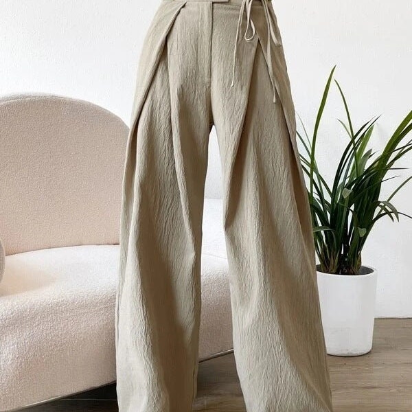 High-waist Lace-up Patchwork Fashion Casual Straight Leg Pants