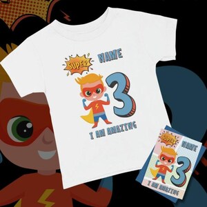 Camiseta de aniversário personalizada QUALQUER NOME DE IDADE Traje de aniversário Pacote de cartão Cartão de aniversário Suprimentos para festa de super-heróis Presentes para crianças Camisa infantil Cartão