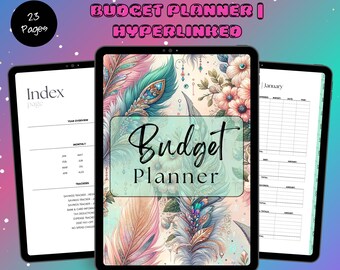 May include: Digital budget planner displayed on three tablets. The center tablet features a floral and feather design with the text "Budget Planner." The other tablets show an index page and a January budget sheet. The image includes the text "Instant Download."