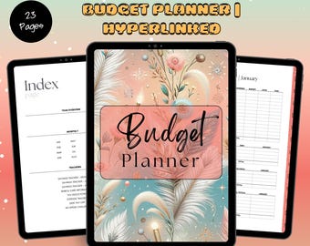 May include: Digital budget planner displayed on three tablets. The central tablet features a floral design with the text "Budget Planner." The other tablets show an index page and a January budget sheet. The image includes the text "Digital Planner" and "Instant Download."