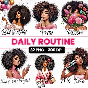 Black Girl clipartbundel, plannerstickers, planner clipart, zwarte vrouw png, Goodnotes-stickers voor digitale planner, dagelijkse taken
