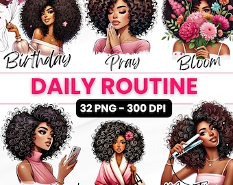 Black Woman Clipart Bundle, Planner Stickers, Afro PNG (Digital Download)