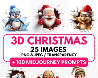 Ensemble de cliparts de Noël 3D : 100 invites à mi-parcours, 25 conceptions artistiques détaillées Père Noël, Bonhomme de neige, Renne, Elfes, Licence commerciale, PNG, JPG