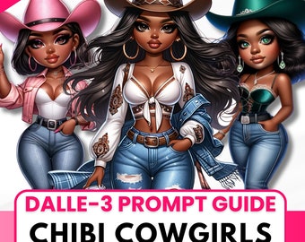 ChatGPT e guida ai suggerimenti Dall-E3 / 25 clipart di cowgirl carine / oltre 25 suggerimenti / cowgirl occidentale png / cowgirl occidentale nera / Rodeo Melanin Ai Art