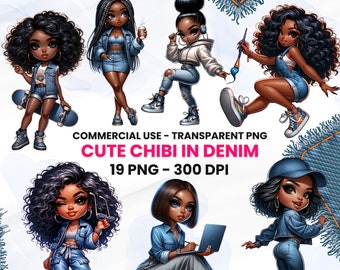 Denim Afro Chibi Girl Clipart: Commercial Use PNG (Digital Download)