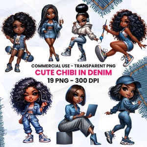 Collection Clipart exclusive de haute qualité de mignonnes Chibi en tenues de denim, cliparts de filles noires habillées en jean