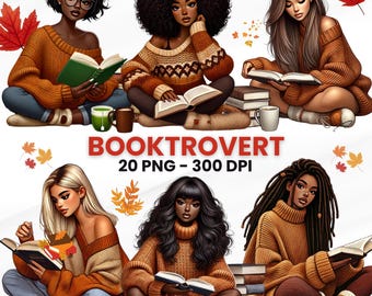 Booktrovert Clipart: Black Women Reading, Autumn Theme (PNG Digital Download)