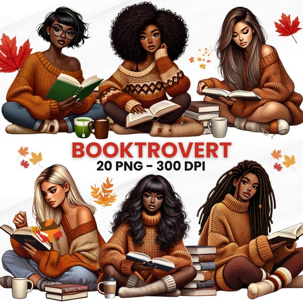 Booktrovert Clipart: Black Women Reading, Autumn Theme (PNG Digital Download)