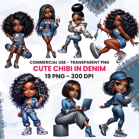 Denim Afro Chibi Girl Clipart: Commercial Use PNG (Digital Download)