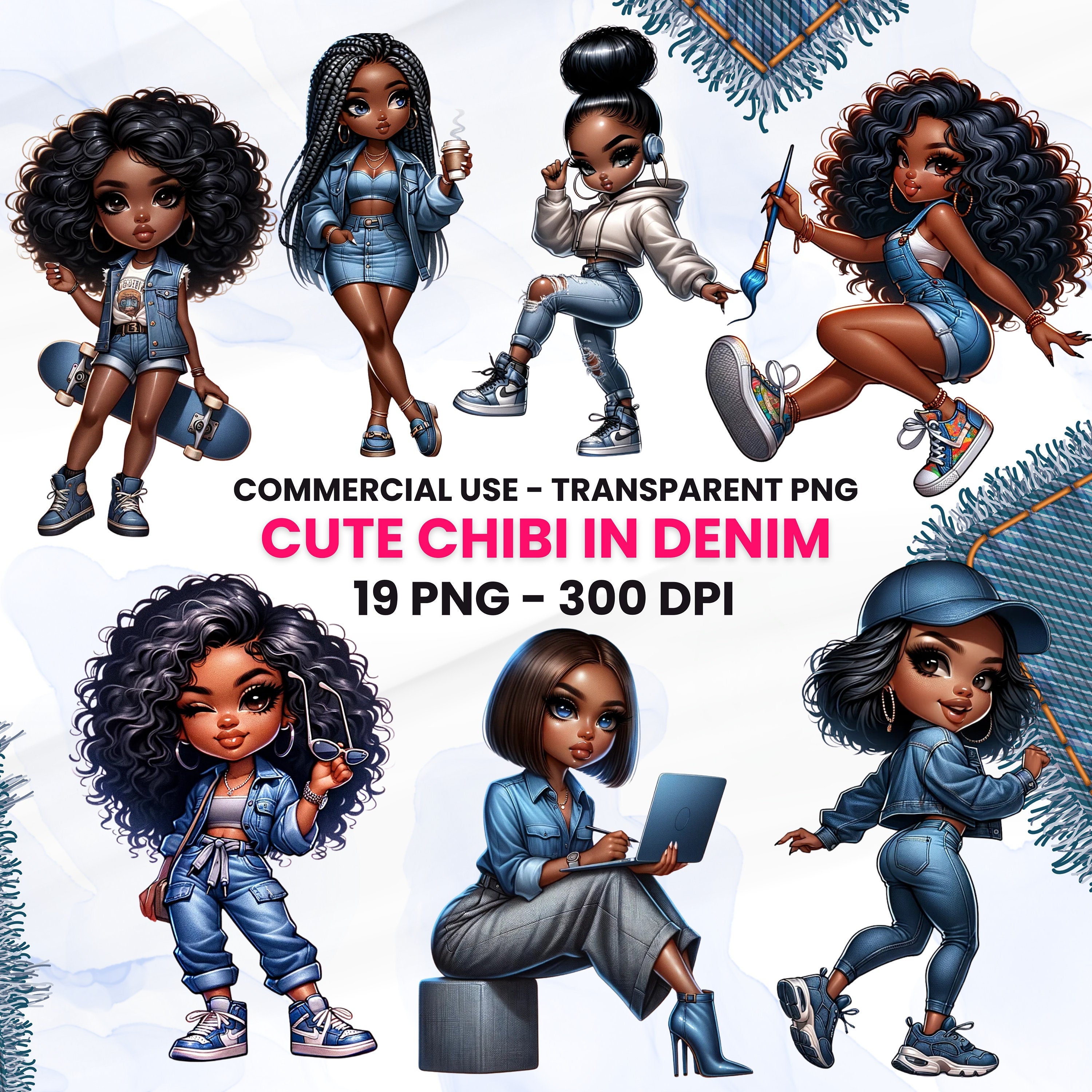 Paquete PNG de Clipart Chibi Black Girl – Stickers para planner, arte chibi afroamericano, looks denim, PNG transparente, uso comercial completo