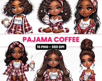 Pajama Coffee Clipart: Black Girl Chibi PNG (Digital Download)