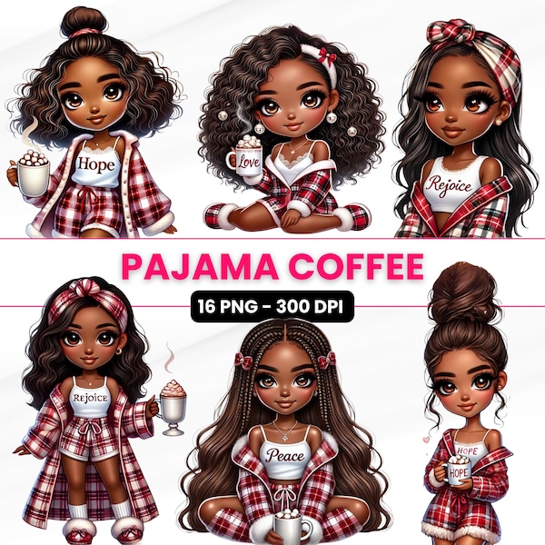Pajama Coffee Clipart: Black Girl Chibi PNG (Digital Download)
