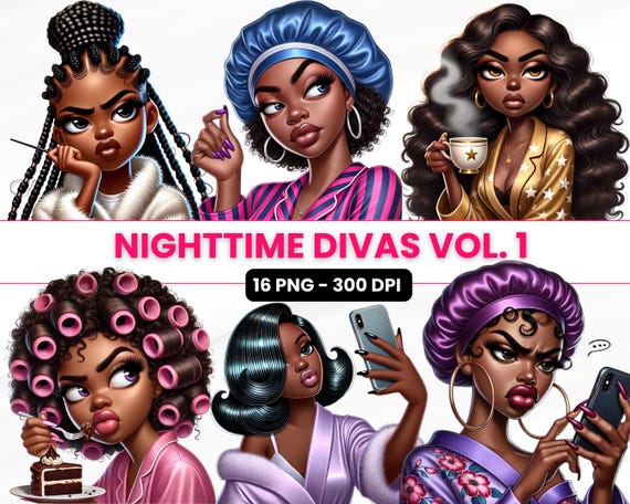 Black Girl Clipart, Nighttime Divas PNG, Afro-American Women (Digital Download)