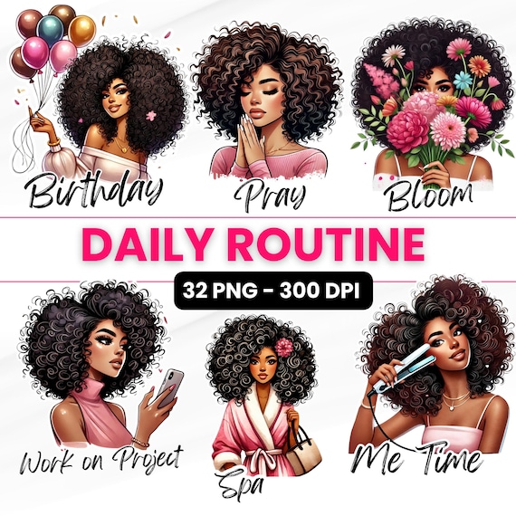 Black Woman Clipart Bundle, Planner Stickers, Afro PNG (Digital Download)