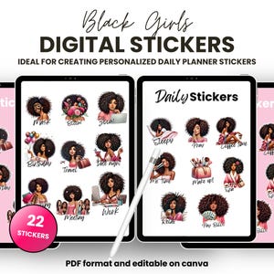 black woman clipart, 
black girl stickers, digital notebook, commercial license,
transparent stickers