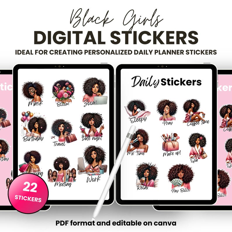 black woman clipart, 
black girl stickers, digital notebook, commercial license,
transparent stickers