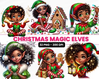 Christmas Afro Elf Clipart, Holiday PNG Bundle (Commercial Use)