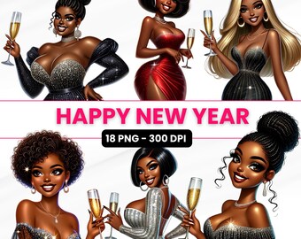 New Year Black Girl Clipart: Fashion PNG Graphics (300 DPI)