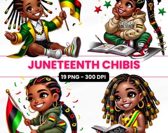 Juneteenth Chibi Clipart: Black Girl PNG Graphics (Digital Download)
