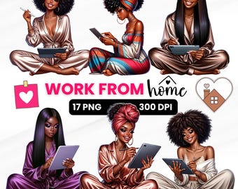 May include: Five illustrations of women working from home. Each woman is sitting on the floor with a tablet and stylus. The women are wearing pajamas and have different hairstyles and skin tones. The text "WORK FROM home" is written in pink and white letters. The text "17 PNG 300 DPI" is written in black letters.