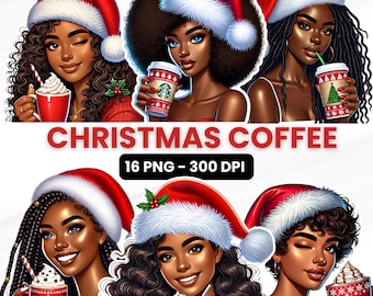 Black Girl Christmas Clipart: Coffee Illustrations (Digital Download)