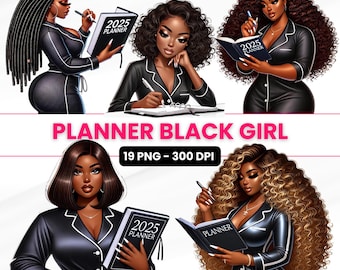 Planner Girl Clipart: Black Women PNG, 2025 Digital Planner (300 DPI)