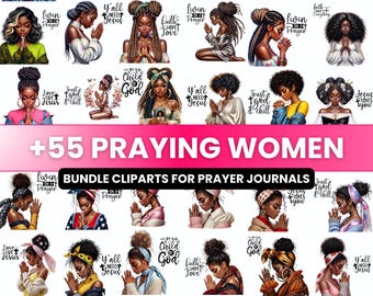57 Black Girl Praying Clipart, Black Girl Clipart Bundle, African American women in Prayer, Planner Stickers, Faith Clipart, Sublimation PNG