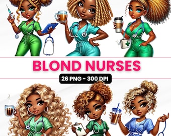 Blond Black Nurse Clipart Bundle: African American PNG (Digital Download)