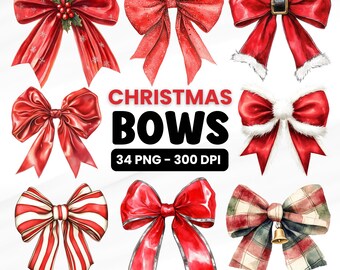 Christmas Coquette Bow Clipart | Watercolor PNG (Digital Download)