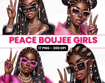 Peace Sign Black Women Clipart: Boujee Girls PNG Bundle