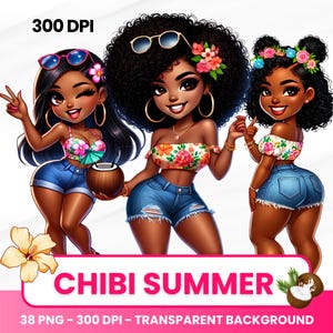 Summer Black girls PNG, black women travel png, Afro Chibi Clipart PNG, chibi fitness black girls, afro girl beach vibes clipart