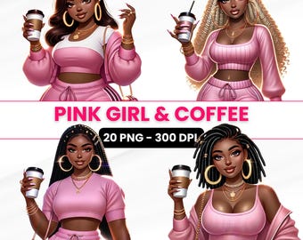 Pink Girls & Coffee Clipart: African-American Women PNG (Commercial Use)