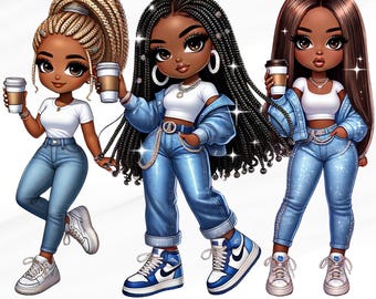 Puede incluir: Tres ilustraciones de dibujos animados de mujeres negras con el pelo largo trenzado que llevan atuendos de mezclilla y sostienen tazas de café. Las mujeres llevan camisetas blancas sin mangas, chaquetas de mezclilla azul y pantalones vaqueros azules con pedrería. Llevan zapatillas blancas con detalles azules.