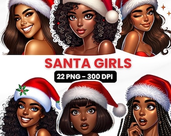 Black Santa Girl Christmas Clipart: Planner Stickers (Digital Download)