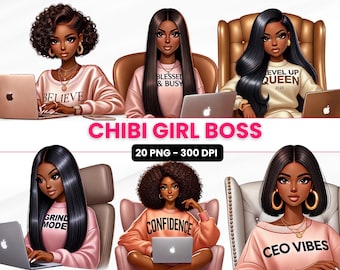 Chibi Black Girl Boss Clipart: PNG Illustrations (Digital Download)
