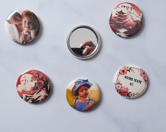 Badge miroir personnalisé avec Photos ou Texte , Taille 5,8 cm , idées cadeaux d'anniversaires