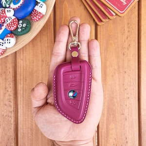 BMW Series Keychain Fob Case with Colored Stitching, Handmade Leather Key Cover, Personalized Key Holder Protector Car