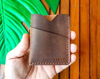 Leather Credit Card Holder, Handmade Slim Wallet with Embossed Initials/Car Logo Minimalist Business Card Case Custom Personalization