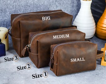 Set of 3-Crazy Leather Handmade Men's Toiletry Bag, Women's Make up Toiletry Hand Bag, Leather Dopp Kit Travel Pack