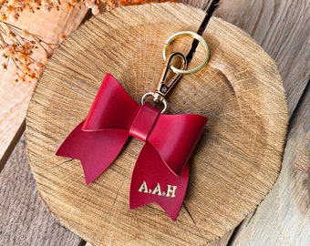 Nappa Leather Bow Keychain, Personalized Lovely Bow Keyring, Bag Charm Girlfriend Gift, Leather Bow Purse Accessories with Hardware