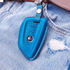 BMW Series Keychain Fob Case with Colored Stitching, Handmade Leather Key Cover, Personalized Key Holder Protector Car