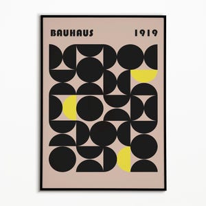 Bauhaus 1919 Geometric Abstract Art Poster | Modernist Design | Vintage Aesthetic | Minimalist Circles | Black White Yellow Wall Decor