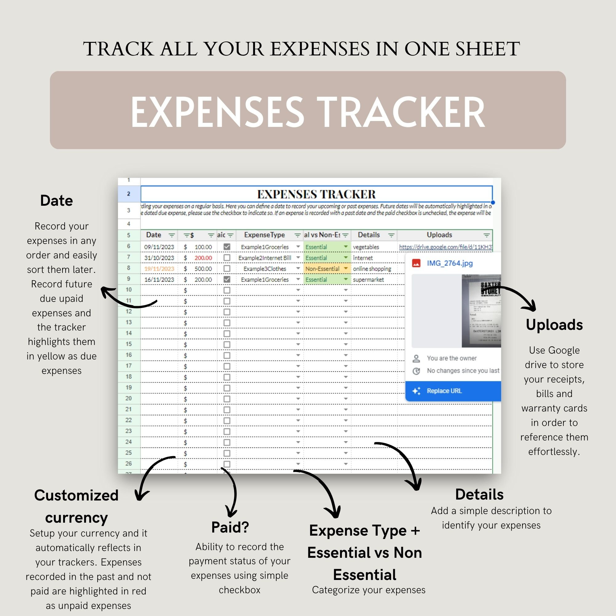 Expenses Tracker Google Sheets Printable Template Spreadsheet Business ...
