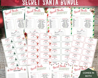 Könnte beinhalten: Ein druckbares Secret Santa-Paket mit vier Fragebögen, einem Anmeldeformular und Namensschildern. Das Paket ist in den Größen 8,5x11 und 5x7 Zoll erhältlich. Die Fragebögen enthalten Fragen zu Lieblingsfarben, Hobbys und Geschenkideen. Die Namensschilder zeigen eine Illustration von Weihnachtsmann.