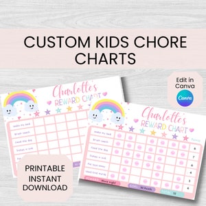 May include: Printable customizable reward chart for kids featuring a rainbow, clouds, and stars. The chart is pink with a section for listing chores and a section for tracking points. The chart is titled "Charlotte's Reward Chart".