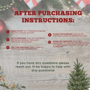 May include: A red and white graphic with instructions on how to download a digital purchase from Etsy. The graphic features a Christmas tree and a wooden background.